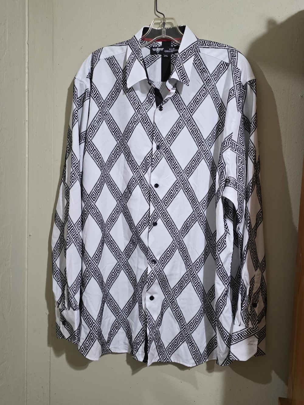 VIP Collection Black White Argyle Geometric Long Sleeve Shirt Mens 2XL Used